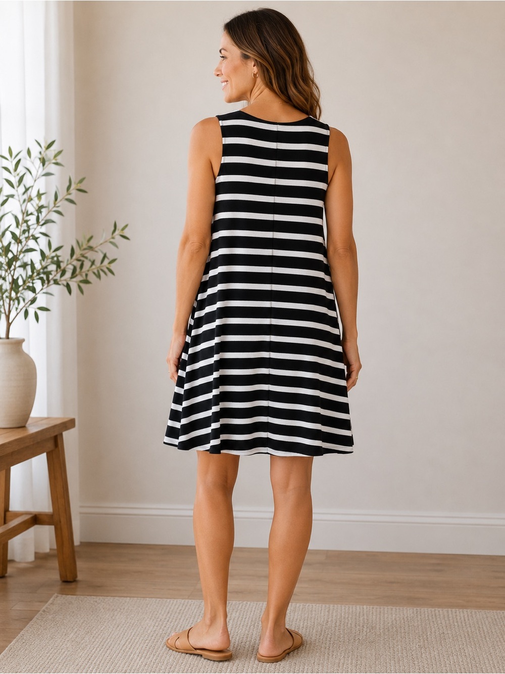 Old Navy Black & White Striped Swing Dress | Medium Petite - Picture 3 of 5